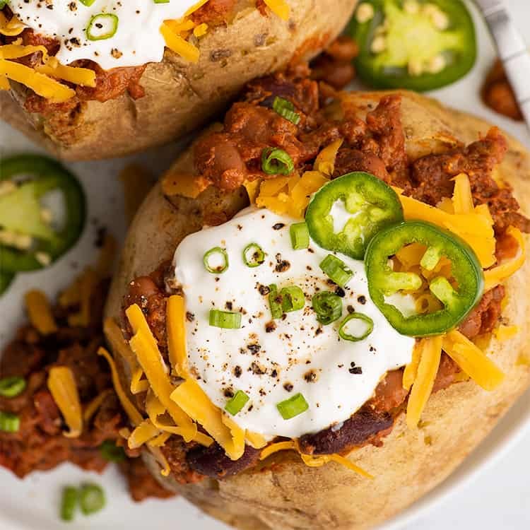 Homemade Chili Baked Potatoes with Crispy Tortilla Strips